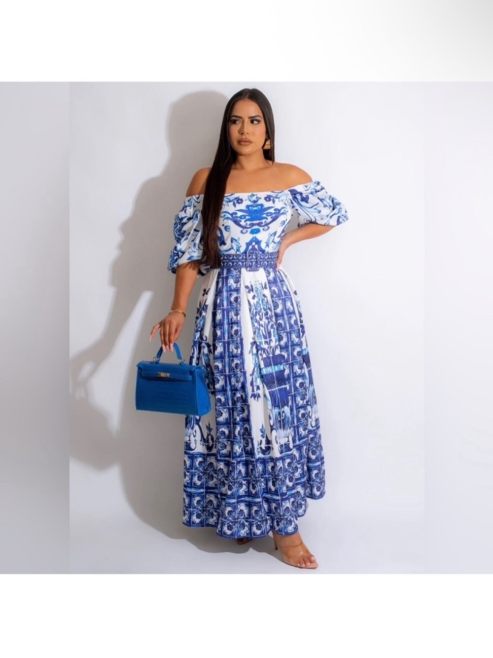 Blue & White Off-Shoulder Maxi Dress